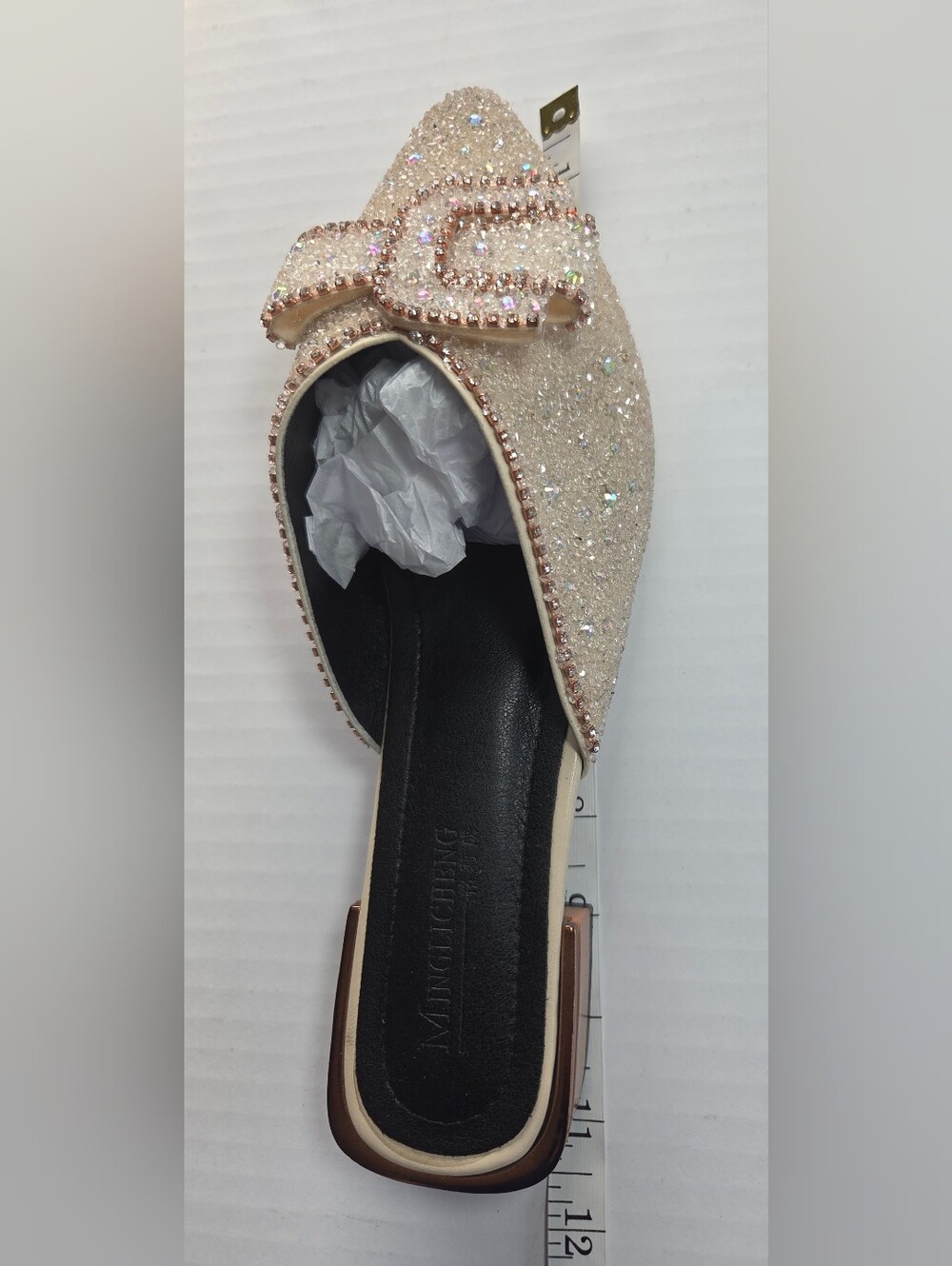 Embellished Pointed-Toe Slip-On Mules in Champagne Bow Preppy Office - Picture 7 of 7
